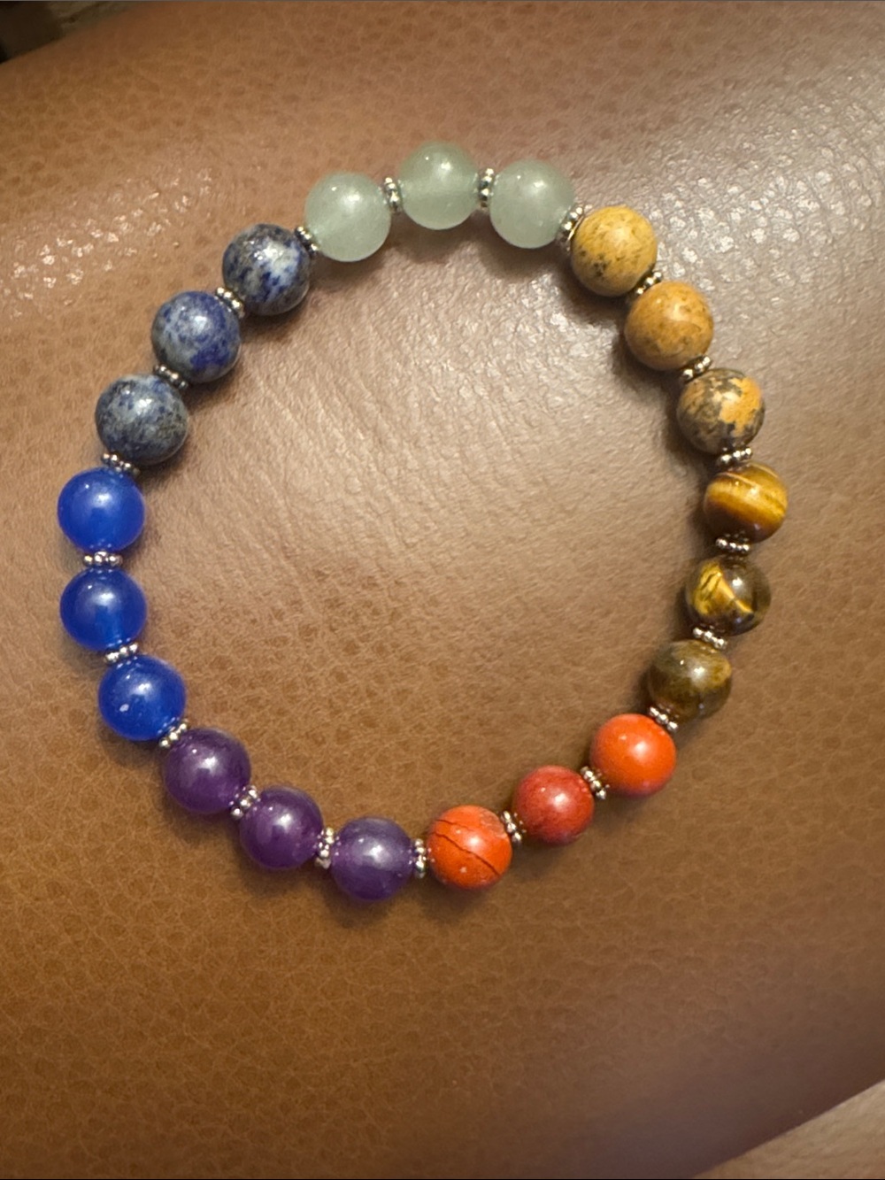 Multi-colored Chakra healing bracelet w/natural stones&small silver tone spacers